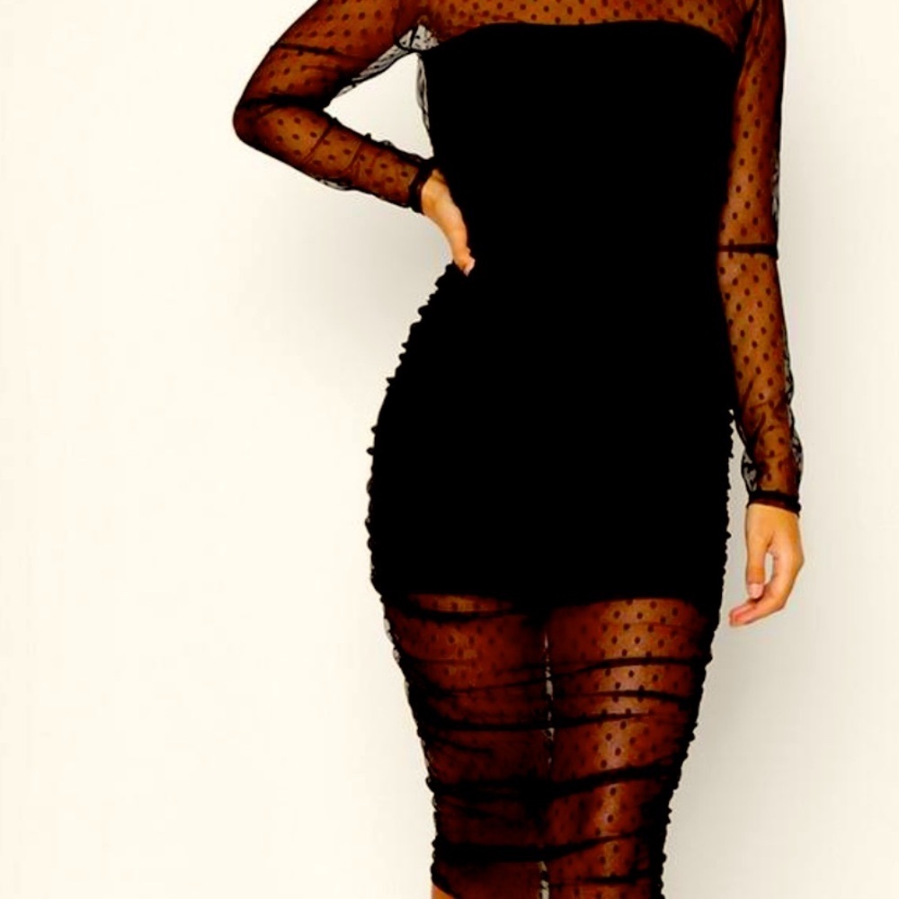 Mesh, High Neck, Ruched, MIDI dress